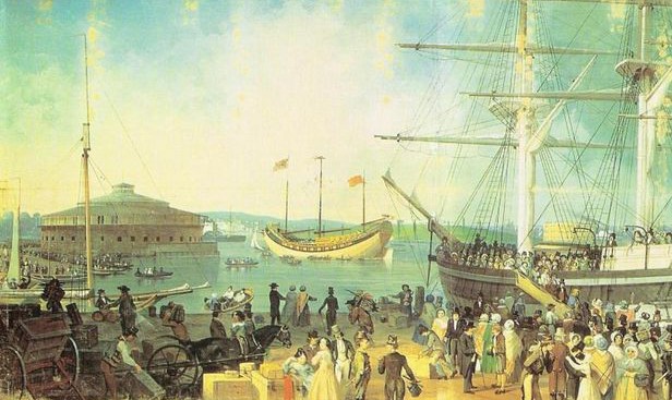 Джонка «Кхэйин» в Нью-Йорке в 1847 году (рисунок Самуэля Во, городской музей Нью-Йорка)