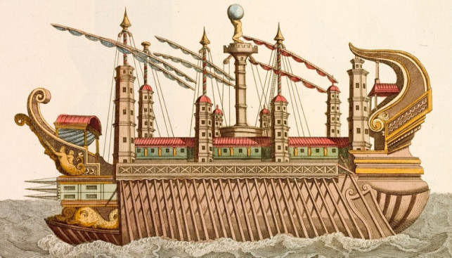 Гравюра XVIII века с изображением корабля Калигулы. По рисунку Николаса Витсена, Амстердам, 1671 г.