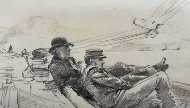 Зарисовка художника Роберта Кри Крауфорда: изображены Андрю Бейн и Уильям Файф II (слева) на борту яхты Bloodhound, одной из самых удачных лодок Файфа