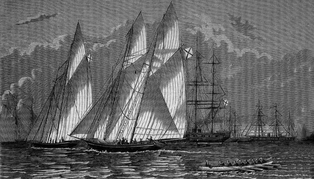 Императорские яхты «Забава» и «Королева Виктория» принимали участие в первых регатах Санкт-Петербургского яхт-клуба. Гравюра Даугеля по рисунку А. Беггрова
