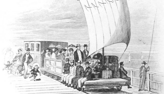 Sailtrolley везет пассажиров и багаж на причал в местечке Херн-Бей, графство Кент. 1855 г.