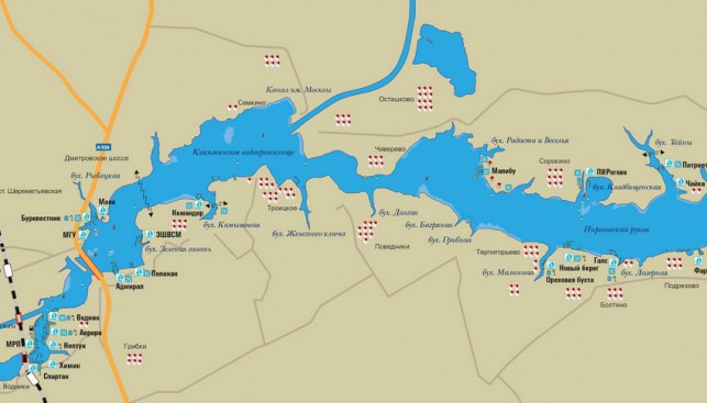 Карта Клязьминского и Пироговского водохранилищ. Названия даны по карте П. А. Леонтьева. 1937 г.