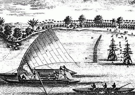 Старинная гравюра: двойное океанского каноэ «ваа каулуа»