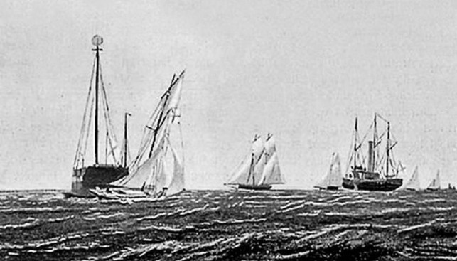 Гонка вокруг Лондонского маяка 29 июля 1868 года. Тендер «Резвушка», шхуна «Заря» и тендер «Дагмар» (с картины Л. Лагорио)