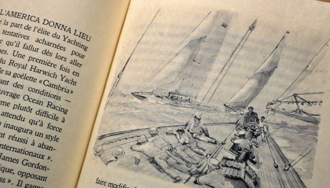 Страницы из книги Grands coureurs et plaisanciers (на рисунке изображена гонка яхт класс J, на переднем плане британская яхта Shamrock V)
