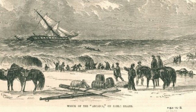 26 ноября 1854 года у острова Сейбл потерпел крушение корабль «Аркадия», на борту которого было 170 человек. И редчайший случай – всех удалось спасти! Гравюра из бостонской газеты Ballou's Pictorial