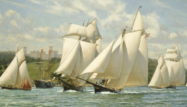 Яхты «Америка», «Аврора», «Беатрис», «Констанция», «Фрик» и «Уайлдфайр» проходит мимо королевского имения Осборн. Худ. Энтони Блейк