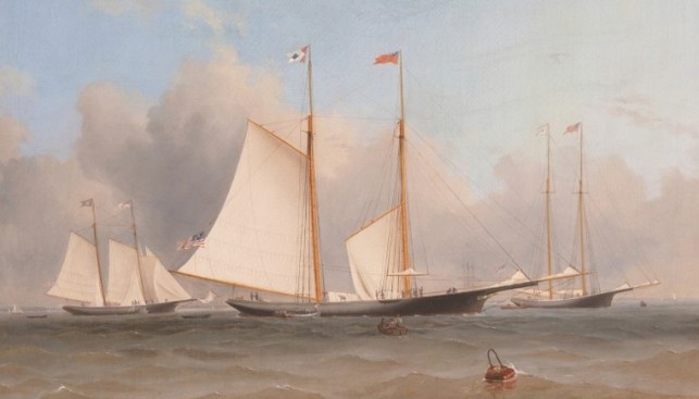 Великая океанская гонка 1866 года. Художник Чарльз Каус, 1967 г. На переднем плане Henrietta, слева – Fleetwing, справа в отдалении – Vesta
